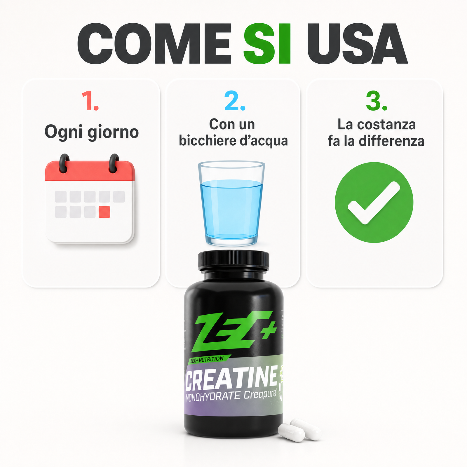 ZEC+ CREATINA MONOIDRATA CREAPURE 180 capsule — infografica 3