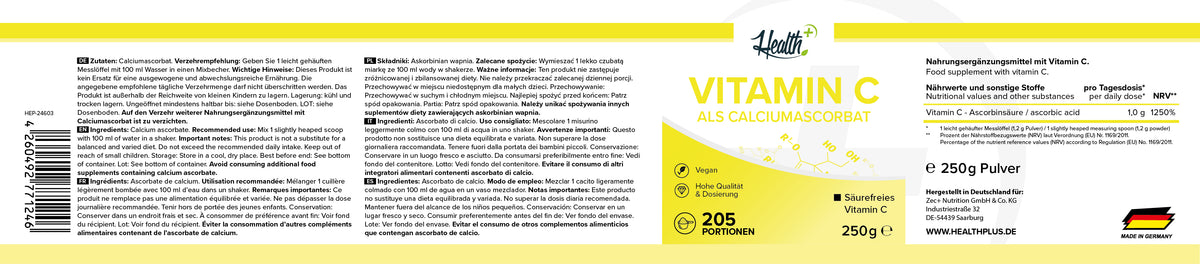 HEALTH+ ASCORBATO DE CALCIO 250g 